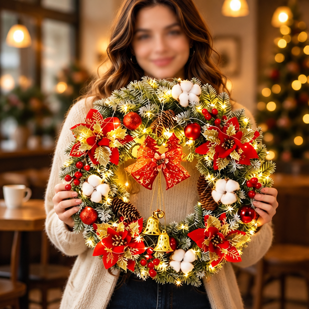 Royeva Lighted LED Christmas Wreath With Bells And Golden Accents For Front Door