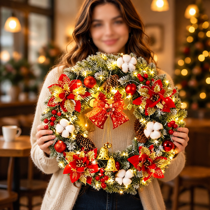 Royeva Lighted LED Christmas Wreath With Bells And Golden Accents For Front Door