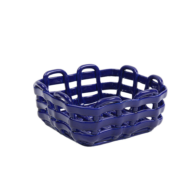 Royeva Modern Geometric Ceramic Fruit Bowl & Bread Basket - Artisanal Red Lattice Design