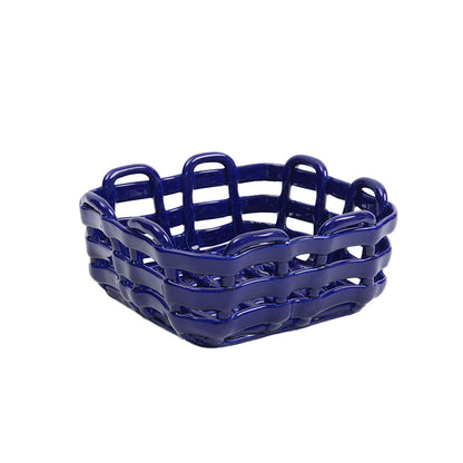 Royeva Modern Geometric Ceramic Fruit Bowl & Bread Basket - Artisanal Red Lattice Design