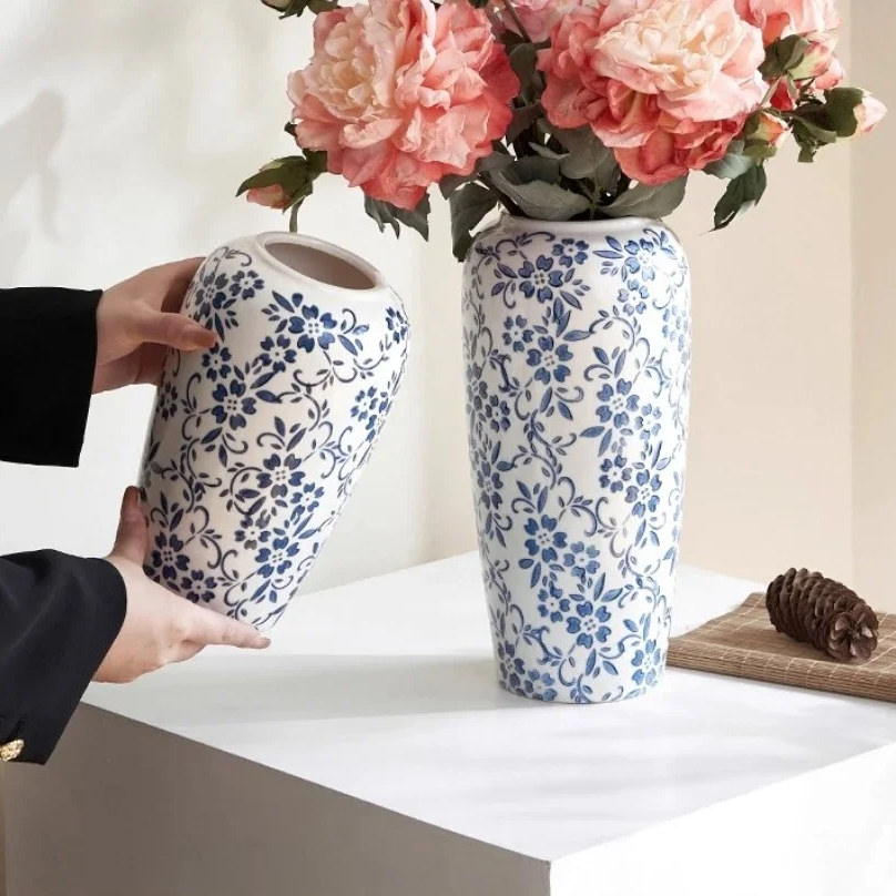 Royelle Cobalt Blue Vine Porcelain Floral Vase for Long Stem Flowers
