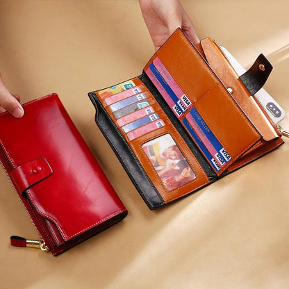 Royelle Genuine Leather Trifold Wallet For Women-Vintage Oil Wax Clutch Purse Brown