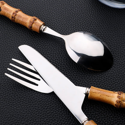 Novara 24 Piece Stainless Steel Bamboo Handle Flatware Set