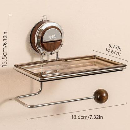 Royeva No-Drill Suction Toilet Paper Holder - Stainless Steel with Wood Grain Shelf