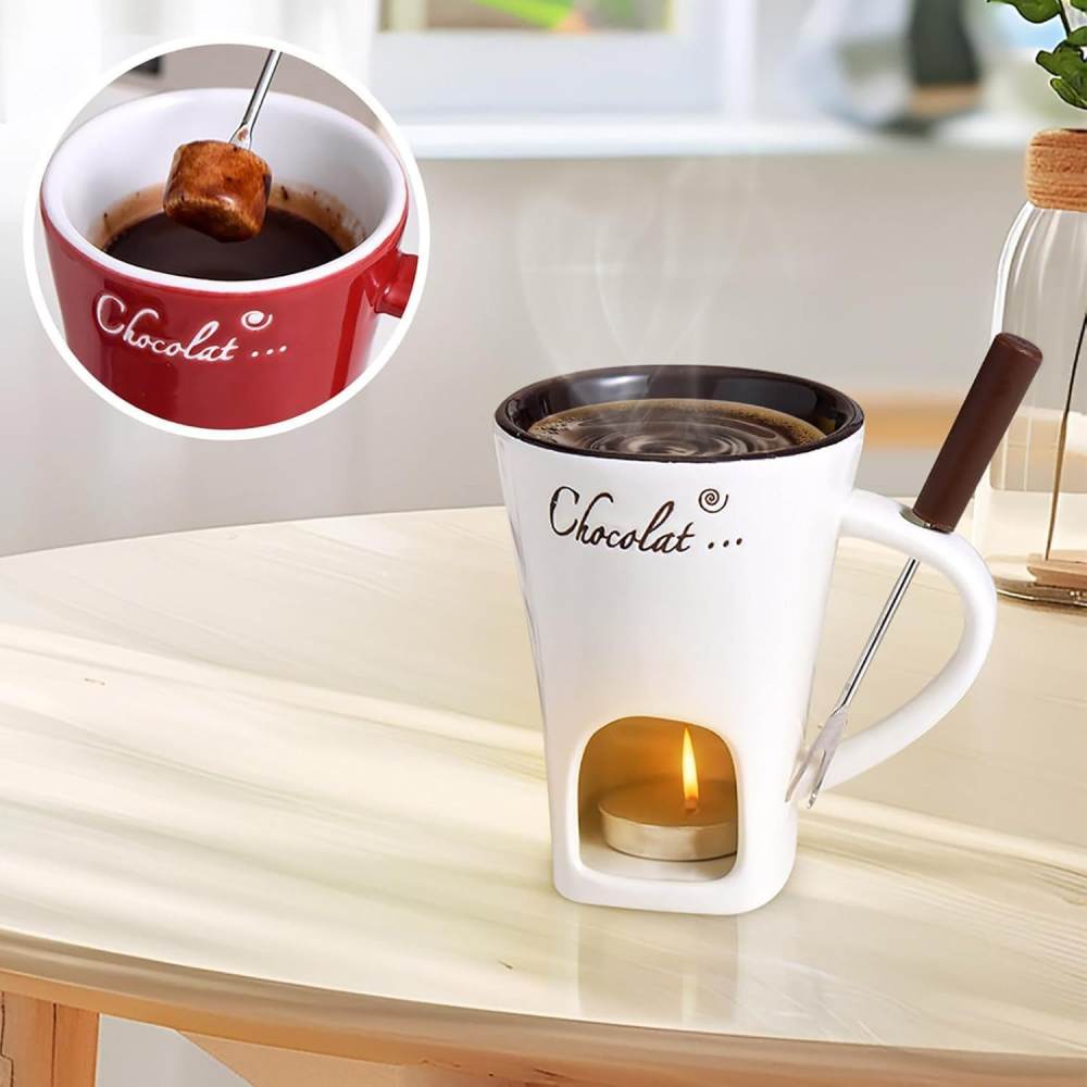 Royeva Ceramic Fondue Set Candle-Heated Chocolate And Cheese Melting Pot