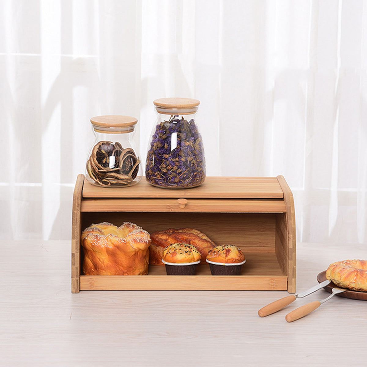 Royeva Solid Wood Bread Box With Roll Top Lid For Kitchen Countertop