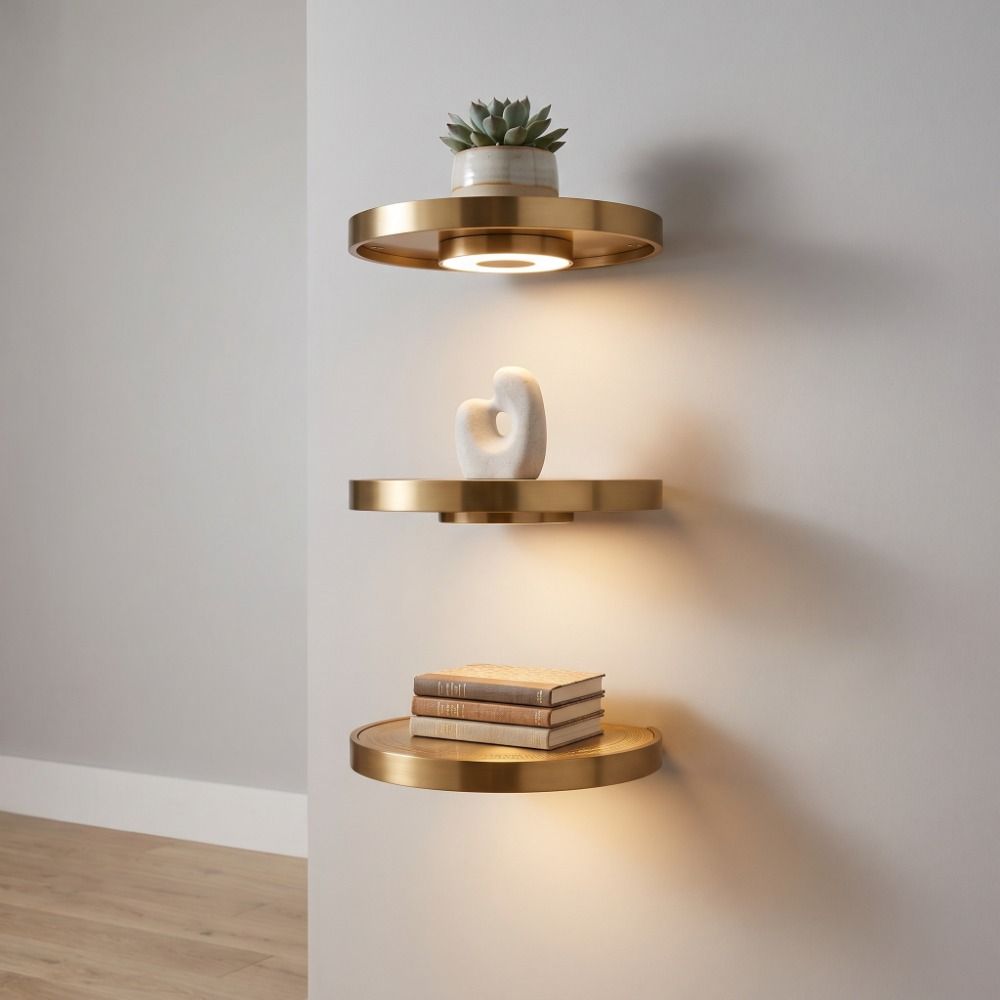 Royeva Round LED Floating Wall Shelf With Warm Lighting For Plants