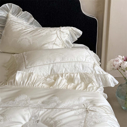 Royeva Luxury 600TC Lyocell Jacquard Bedding Set With Lace Embroidery & Ruffles