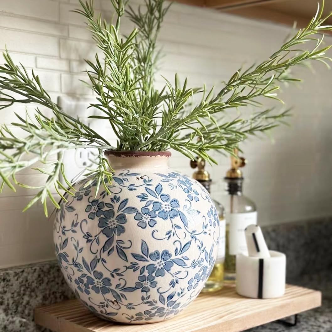 Royora French Country Blue White Floral Ceramic Vase Rustic Home Decor