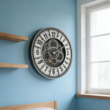 Eloria Oversized Industrial Steampunk Wall Clock with Real Moving Gears