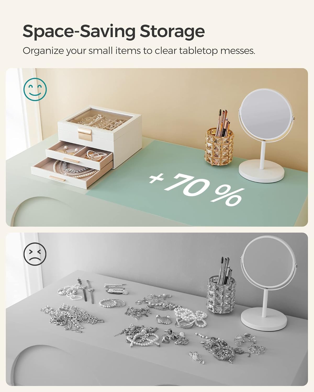 Novara White 3-Tier Jewelry Box Organizer with Glass Top, 19 Compartments & Velvet Lining
