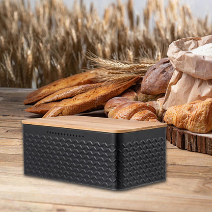 Sovere Metal Bread Box with Bamboo Lid for Fresh Bread Storage and Kitchen Organization