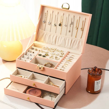 Novara Multi-Layer Leather Pink Jewelry Box for Rings, Necklaces, Bracelets & Earrings Storage