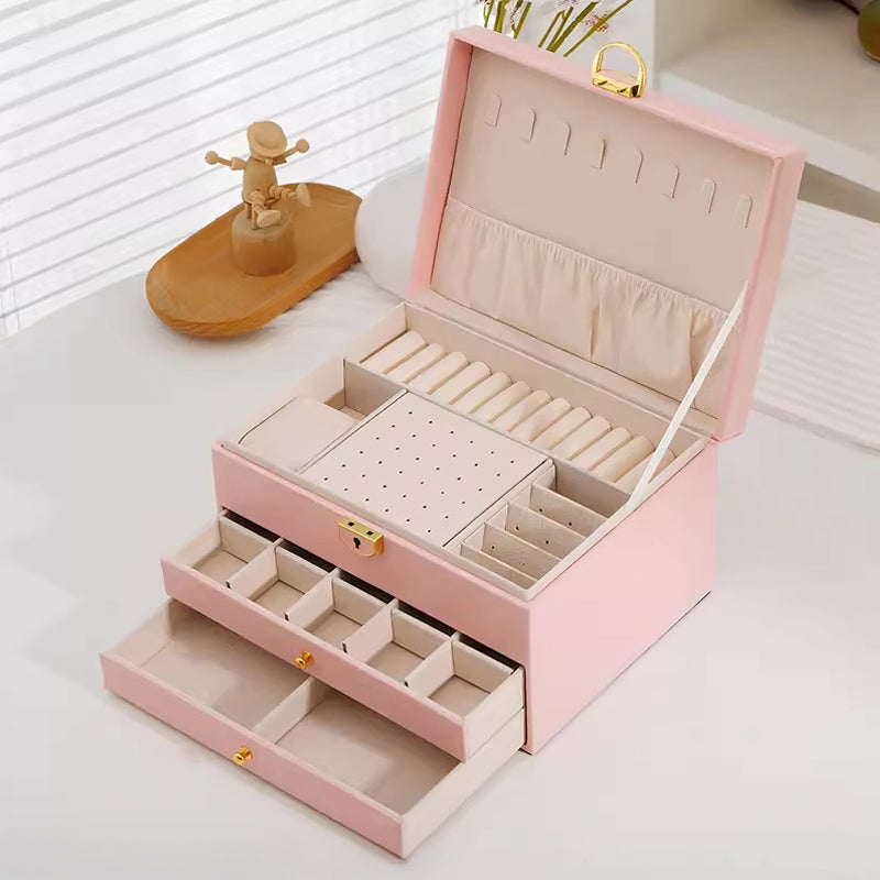Novara Multi-Layer Leather Pink Jewelry Box for Rings, Necklaces, Bracelets & Earrings Storage