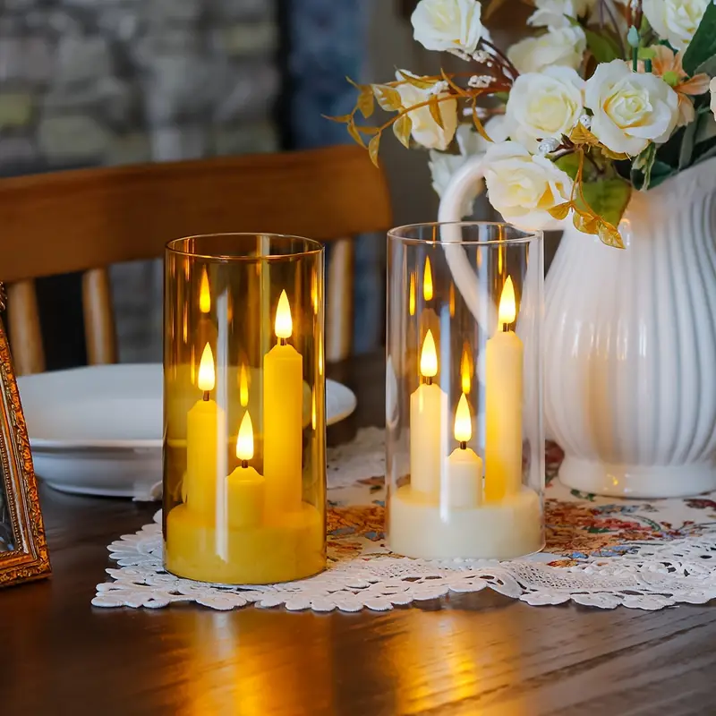 Royelle LED Flameless Candles in Smoked Glass Hurricane Lanterns - Set of 2