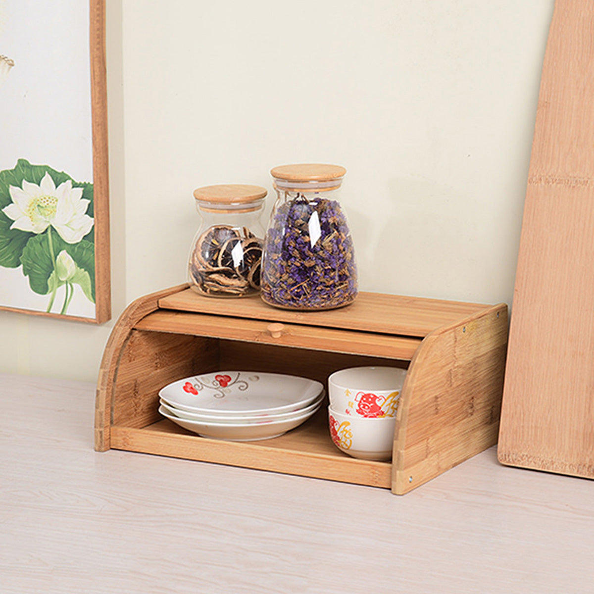 Royeva Solid Wood Bread Box With Roll Top Lid For Kitchen Countertop