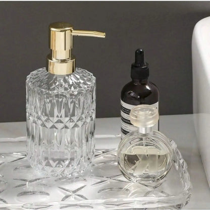 Sovere Diamond Cut Glass Soap Dispenser with Gold Pump for Kitchen or Bathroom