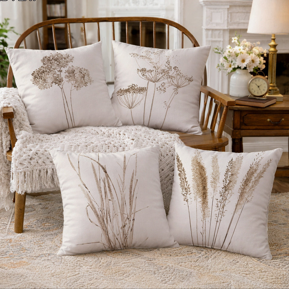 Royelle Botanical Print Throw Pillow Covers - 4 Pack Decorative Farmhouse Cushion Cases