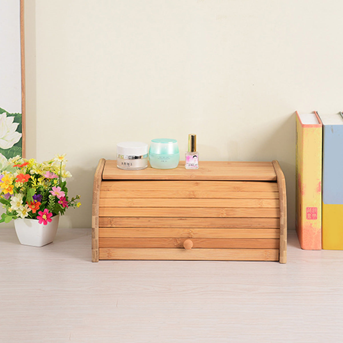 Royeva Solid Wood Bread Box With Roll Top Lid For Kitchen Countertop