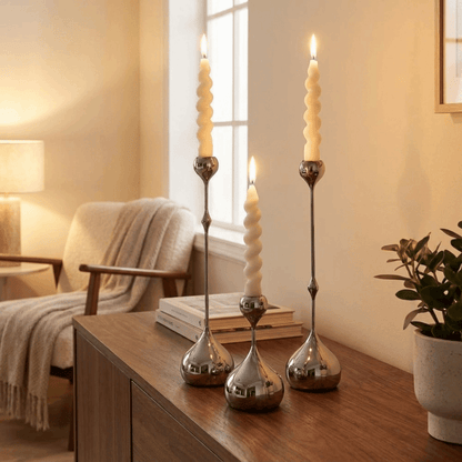 Royeva Modern Silver Candlestick Holder-Elegant Metal Taper Candle Stand Decor