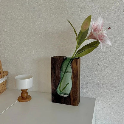 Novara Live Edge Wood & Glass Flower Vase - Modern Decorative Tabletop Centerpiece