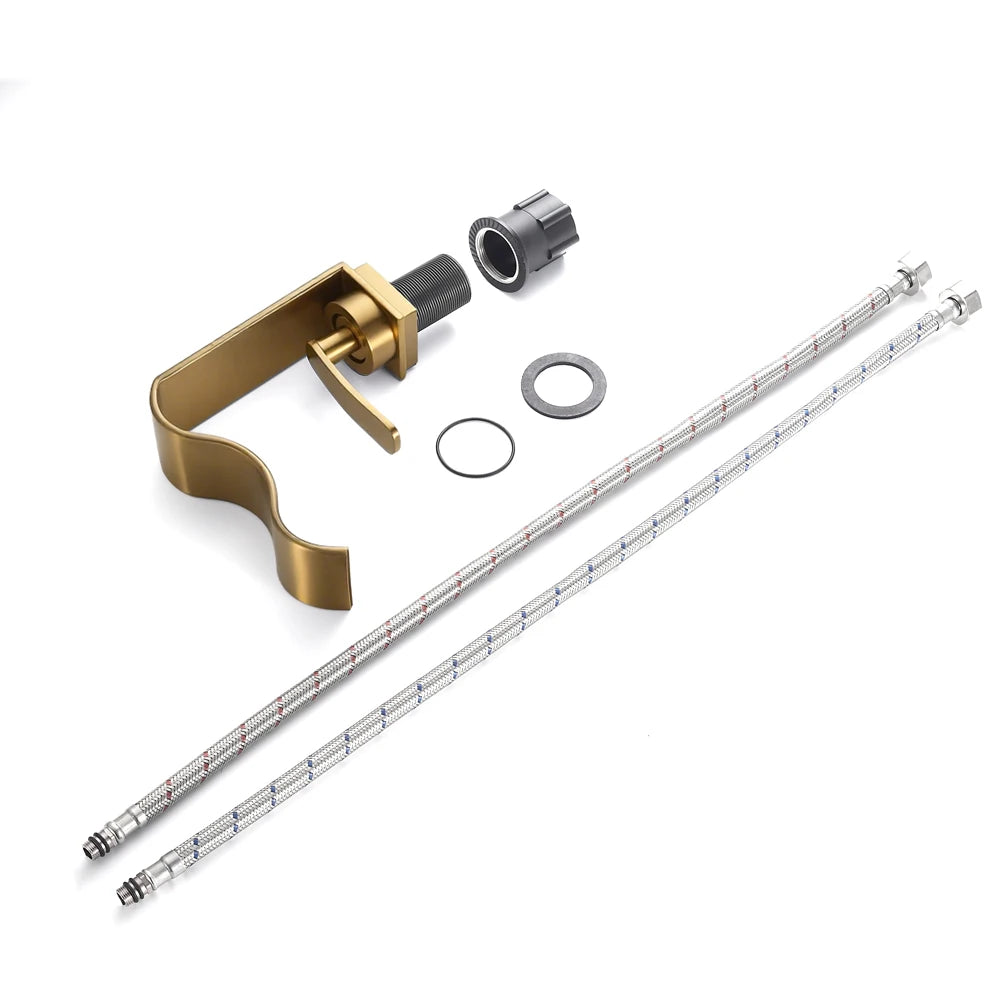 Novara Brushed Brass Waterfall Basin Faucet For Above Counter Vessel Sink