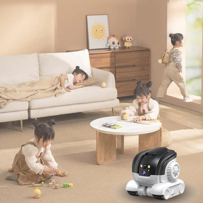 Robot in a living room with children playing, featuring text about automatic cruise intelligent recognition and tracking.