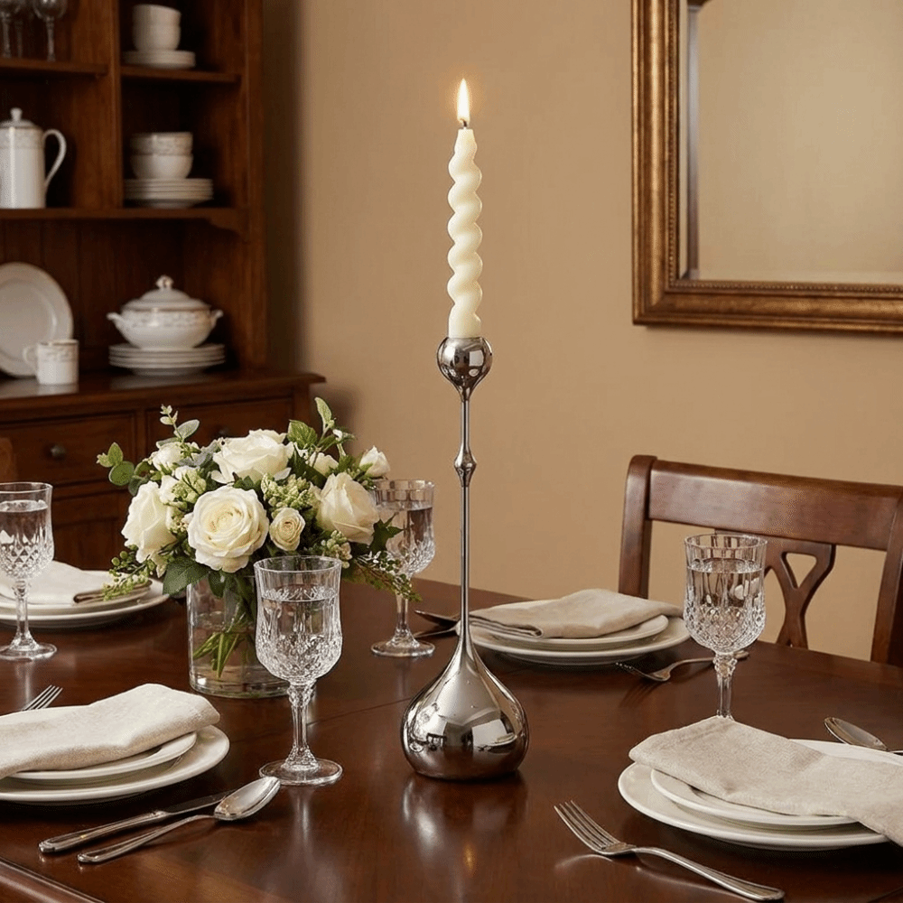 Royeva Modern Silver Candlestick Holder-Elegant Metal Taper Candle Stand Decor