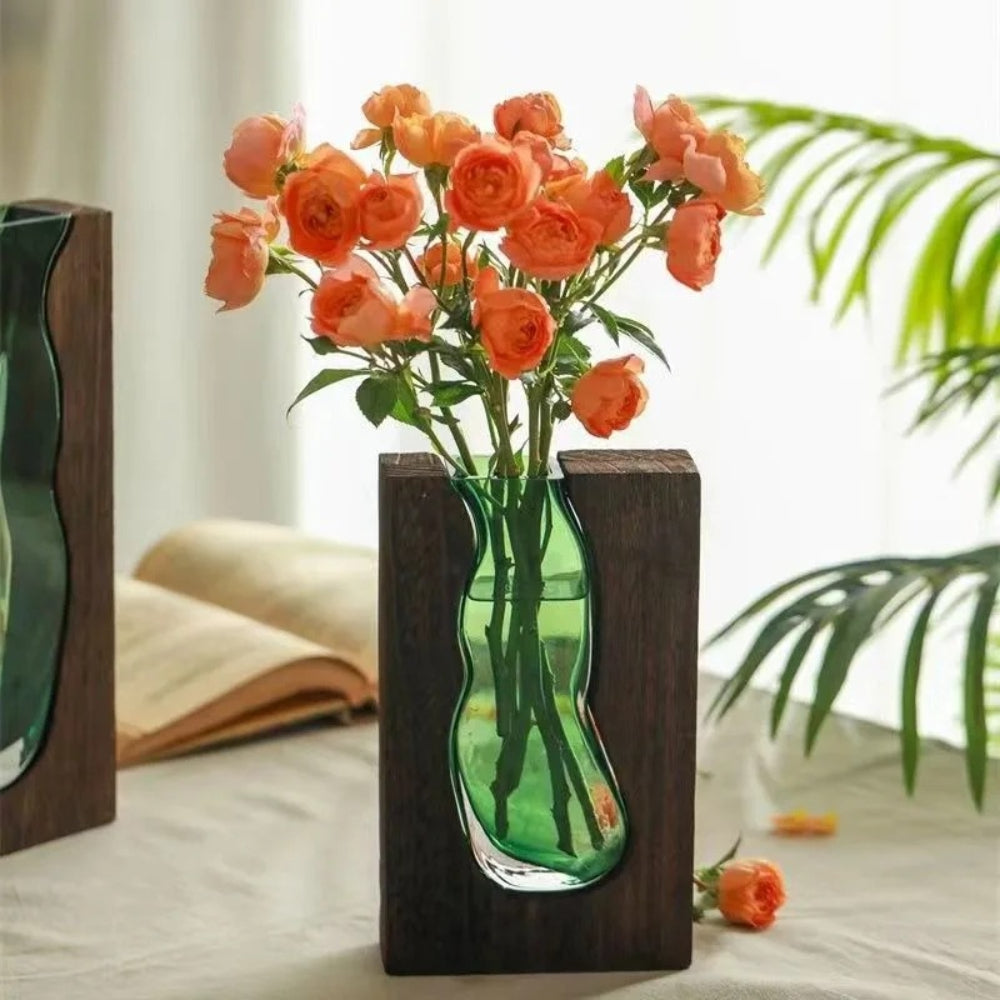 Novara Live Edge Wood & Glass Flower Vase - Modern Decorative Tabletop Centerpiece