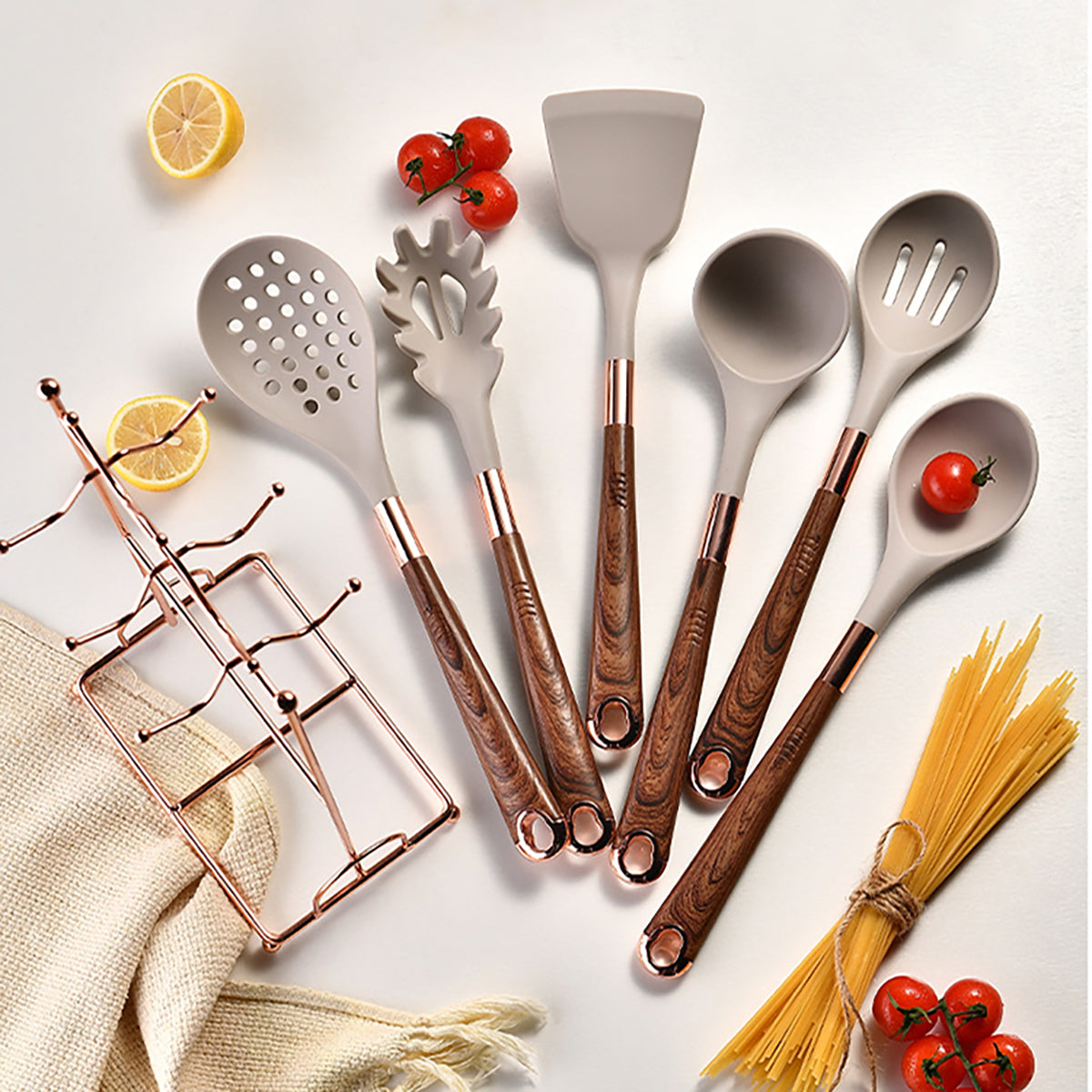 Novara Silicone Utensil Set with Wooden Handles, Heat-Resistant Non-Stick Cookware