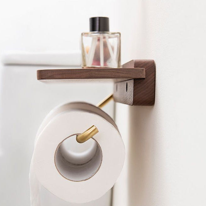 Novara Walnut Toilet Paper Holder with Shelf - Modern Bathroom Tissue Roll Storage