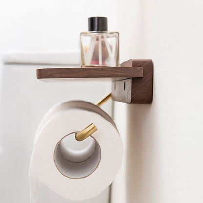 Novara Walnut Toilet Paper Holder with Shelf - Modern Bathroom Tissue Roll Storage