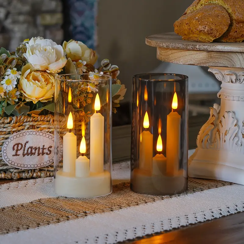Royelle LED Flameless Candles in Smoked Glass Hurricane Lanterns - Set of 2