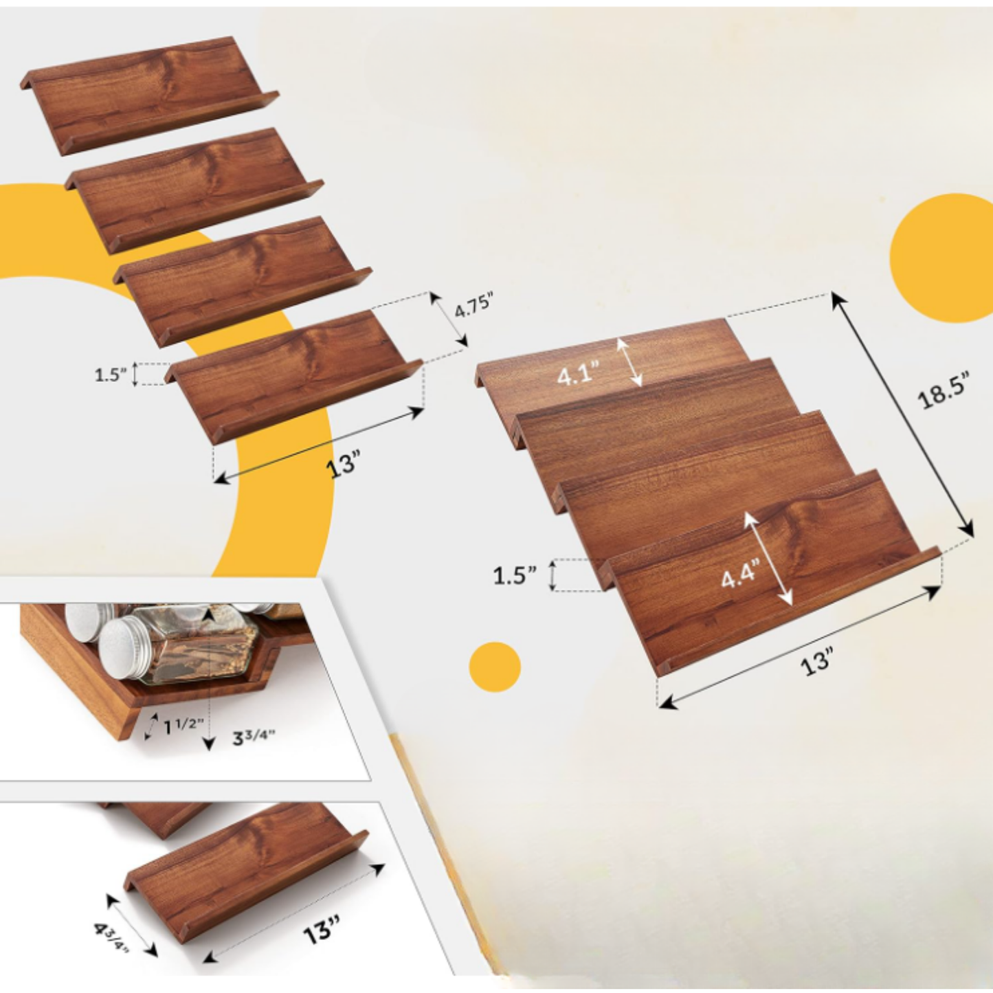Royora Acacia Wood Spice Drawer Organizer Rack Set for Kitchen Cabinet Storage