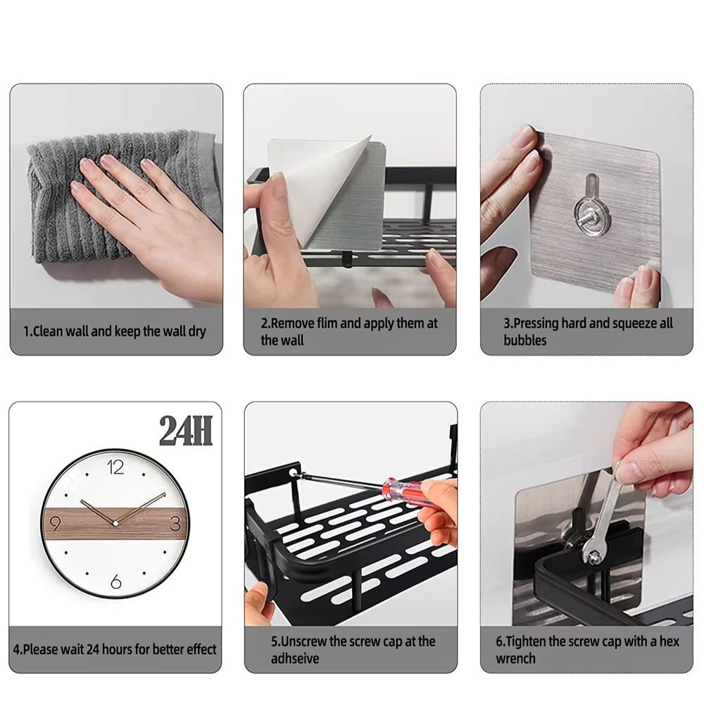 Ambra Aluminium Shower Corner Shelf with Adhesive Mount and Adjustable Hook, Space-Saving Shower Storage 9