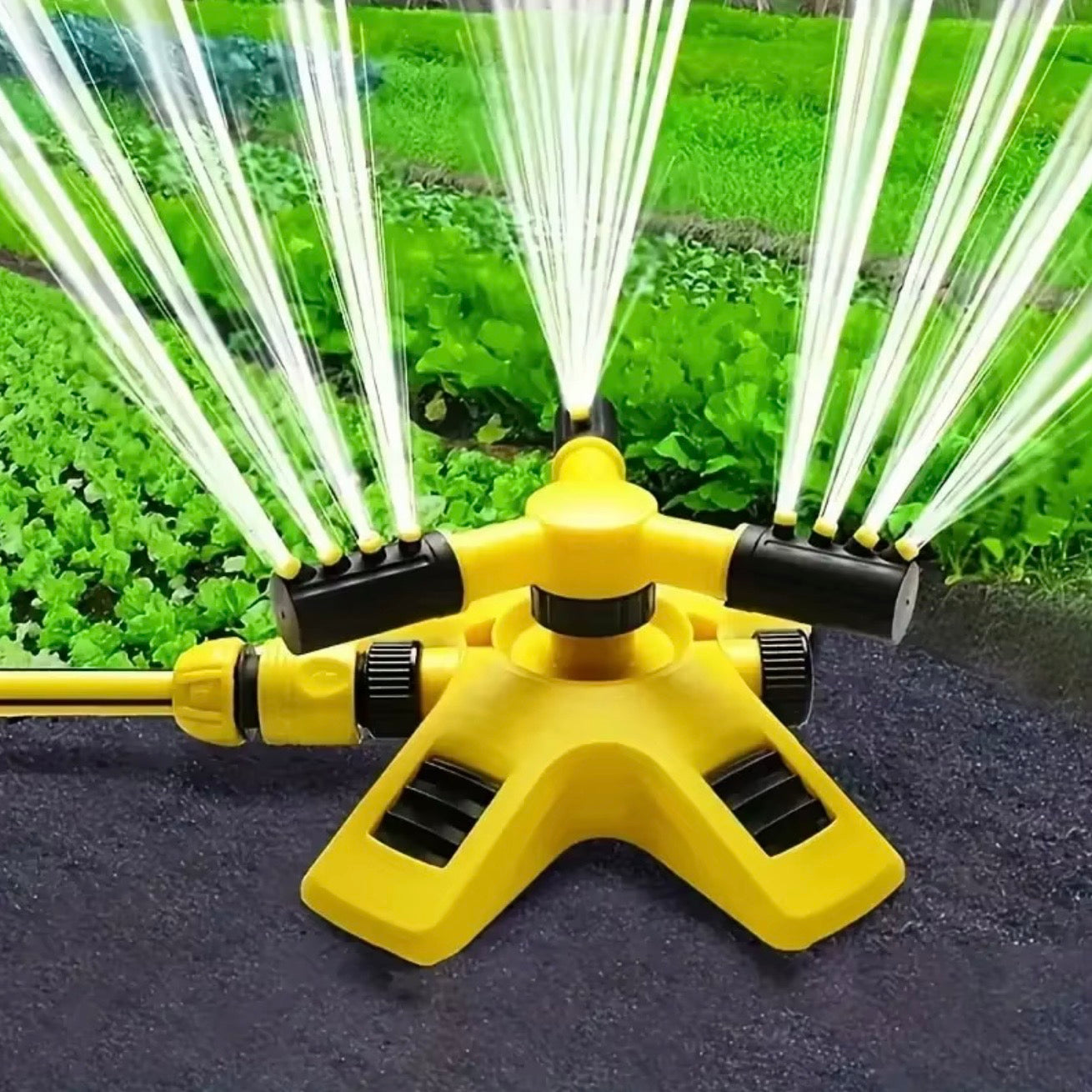 AquaFlow 360° Rotating Garden Sprinkler | 4 Adjustable Nozzles | Expandable | Hose Compatible 1