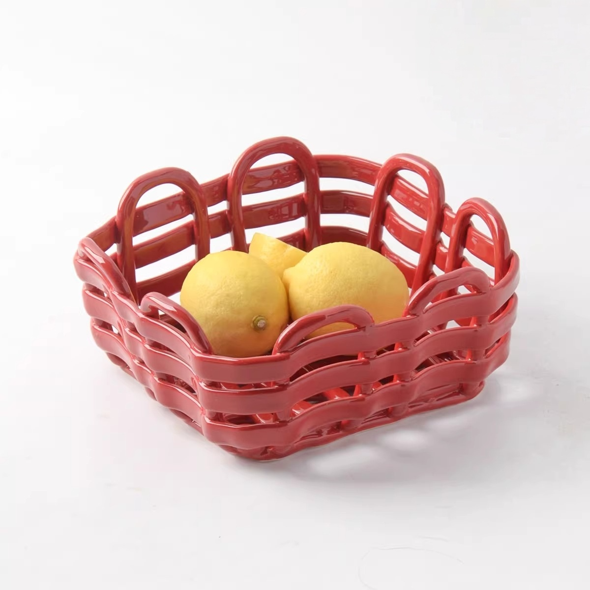 Artisanal Hand-Woven Square Ceramic Basket | Modern Geometric Fruit & Bread Bowl 1