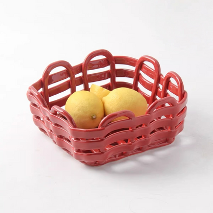 Artisanal Hand-Woven Square Ceramic Basket | Modern Geometric Fruit & Bread Bowl 1