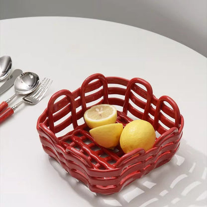 Artisanal Hand-Woven Square Ceramic Basket | Modern Geometric Fruit & Bread Bowl 2