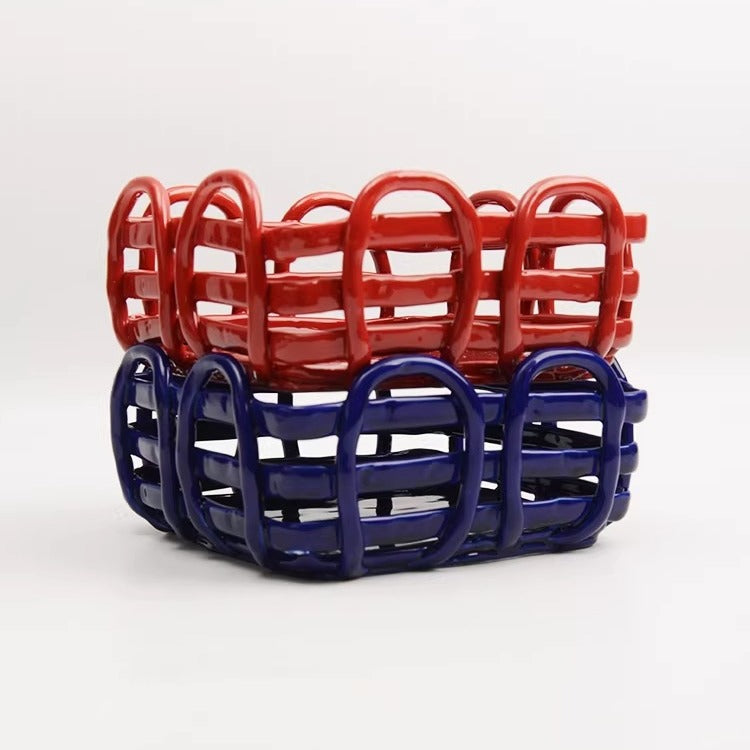 Artisanal Hand-Woven Square Ceramic Basket | Modern Geometric Fruit & Bread Bowl 3