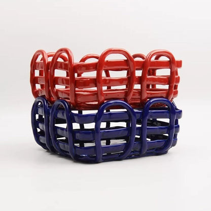 Artisanal Hand-Woven Square Ceramic Basket | Modern Geometric Fruit & Bread Bowl 3
