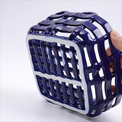 Artisanal Hand-Woven Square Ceramic Basket | Modern Geometric Fruit & Bread Bowl 6