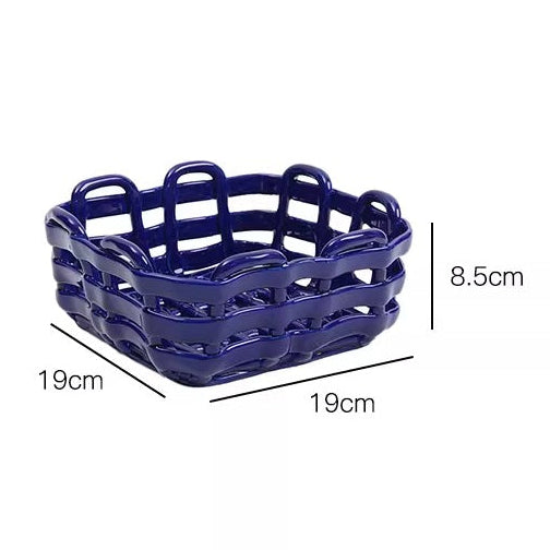 Artisanal Hand-Woven Square Ceramic Basket | Modern Geometric Fruit & Bread Bowl 7