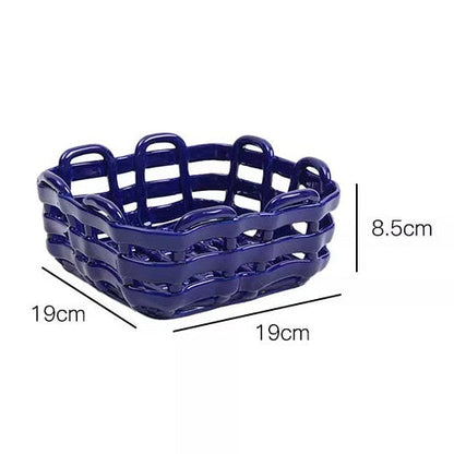 Artisanal Hand-Woven Square Ceramic Basket | Modern Geometric Fruit & Bread Bowl 7