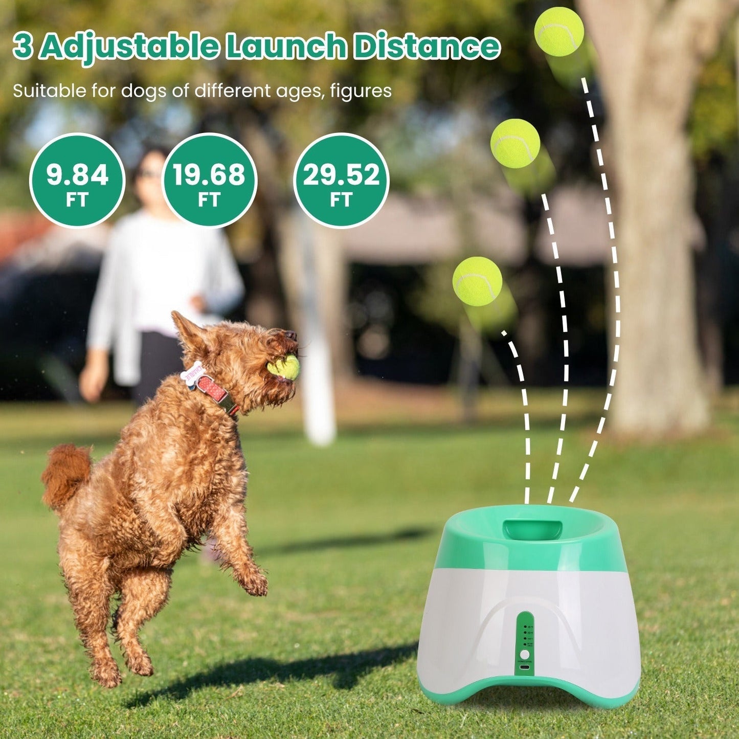 Automatic Dog Ball Launcher | 3 Distance Settings | Infrared Safety Sensor | 5-Hour Battery | Includes 6 Balls 7