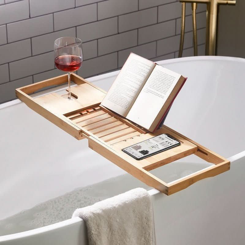 Bamboo Bath Caddy | Extendable Bathtub Tray with Wine Glass Holder | Luxurious Relaxation for Your Bath 0