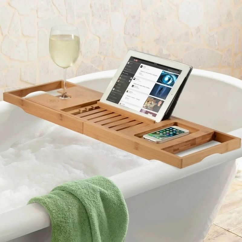 Bamboo Bath Caddy | Extendable Bathtub Tray with Wine Glass Holder | Luxurious Relaxation for Your Bath 4