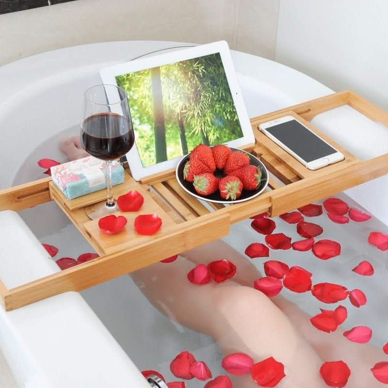 Bamboo Bath Caddy | Extendable Bathtub Tray with Wine Glass Holder | Luxurious Relaxation for Your Bath 5