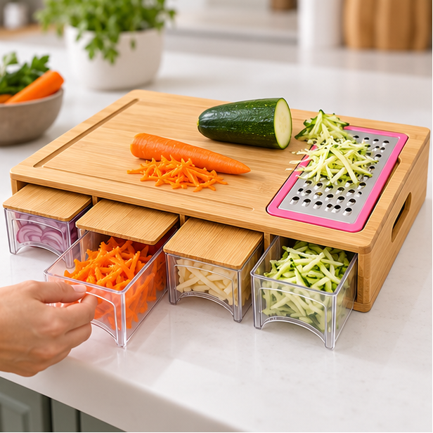 Royeva Bamboo Cutting Board with Storage Trays and Interchangeable Blades