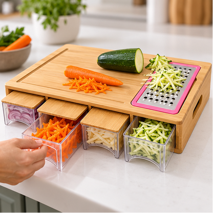 Royeva Bamboo Cutting Board with Storage Trays and Interchangeable Blades